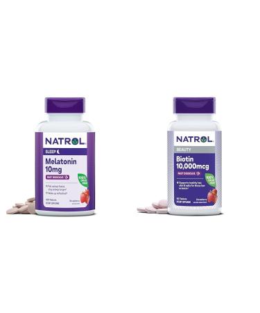 Natrol Melatonin 10mg Fast Dissolve 100ct & Biotin 10000mcg Fast Dissolve 60ct Strawberry Tablets Bundle for Sleep Hair Skin & Nails