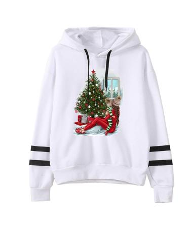 Bigfanshu Womans Fall Clothes Letter Printing Stripe Round Collar Long Sleeves Sweater Tops White
