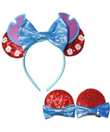1 Pc Stitch Mouse Ears Headband & 2 Pcs Hair Bow Clips | Lilo Stich Headbands & Hair Bow accessories Mouse Ear for Adults Women Girls Kids Toddlers Halloween Birthday Christmas Cosplay