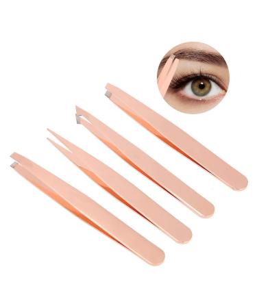 Professional Rose Gold Stainless Steel Tweezers Set - Sloping Tip Eyebrow Hair Remover Makeup Tools - 4 Pieces for At Home & Gift - Buy Online on GoSupps.com