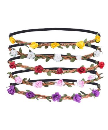 x Multicolor Boho Style Flower Crowns Elastic Hippie Hair Wreath Headpiece for Wedding Party Holiday Photography