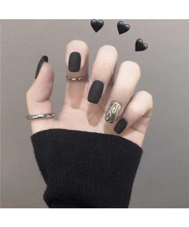 Sethexy matt medium square false nails black single color wrong fingernails 24th complete cover salon acrylic art nail tips for women and girls