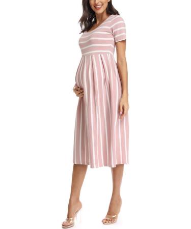 Love2Mi Maternity Dress XL Dark Pink White Stripe - Short-Sleeve A-Line Midi Pregnant Dress - Buy Online on GoSupps.com