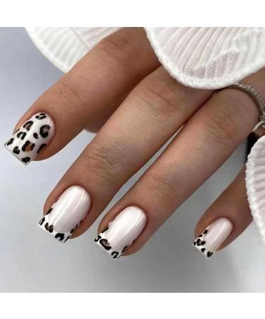 Press on Nails Medium Square French Leopard Print Fake Nails with Aurora Design Artificial Acrylic False Press ons Full Cover Stick on Nail for Women Girls Daily Wear Wedding Manicure 24Pcs French Leopard Print with Aurora A01
