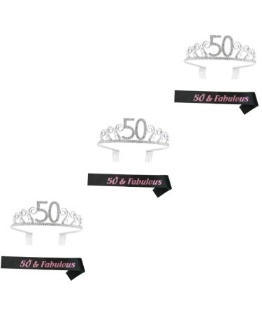 FRCOLOR 3 Sets 50 Party Etiquette Belt Birthday Party Etiquette Rhinestone Waist Belt 50th Bday Sash Crystal Decor Letter Printing Sash Happy Birthday Sash Photo Apparel Rose Gold