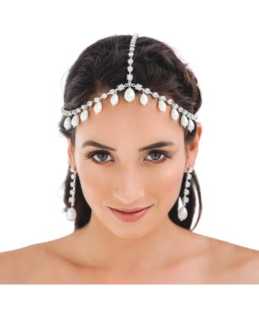 YAEISM Silver Head Chain Pearls Pendant Headpiece Sparkly Rhinestone Boho Headpiece Shiny Tassel Hair Chain Bridal Party Costume Hair Accessories for Women and Girls