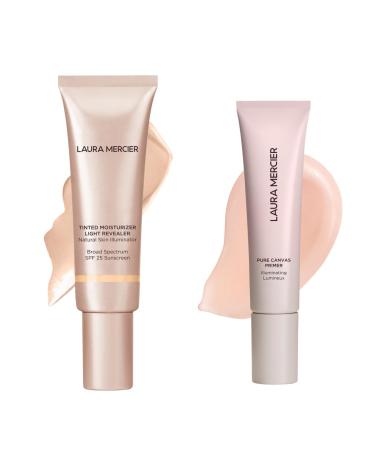 Laura Mercier Tinted Moisturizer Light Revealer with SPF 25 Luminous Finish Shade 1C0 Cameo and Pure Canvas Primer Illuminating Improves and Extends Wear of Makeup Radiant Finish Bundle