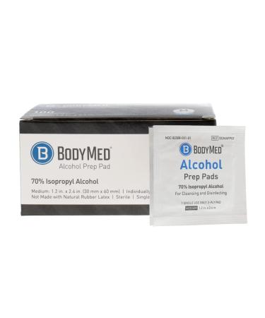 BodyMed Alcohol Prep Pads with 70% Isopropyl Alcohol 100 Count Individually Wrapped 1.2 in. x 2.4 in. Alcohol Wipes Great for Medical & First Aid Kits Sterile Antiseptic 2-Ply Alcohol Swabs