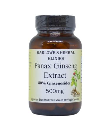 Barlowe's Herbal Elixirs Panax Ginseng | Extract | 80% Ginsenosides | 500mg Per Capsule | Stamina, Focus & Vitality Support | 60 VegiCaps | Stearate Free | Bottled in Glass