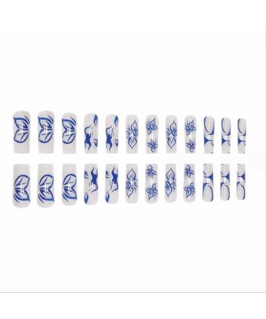 Foccna Long Blue Press-On Nails - Square Full Cover Butterfly Acrylic Nails for Women & Girls - Glossy Finish 24PCS - Buy Online on GoSupps.com
