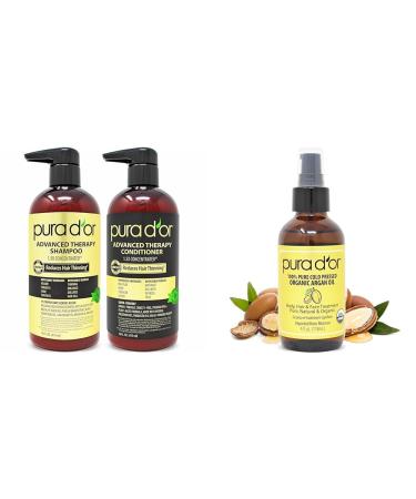 PURA D'OR Anti-Thinning Advanced Therapy Biotin Shampoo & Conditioner Hair Care Set & Organic Moroccan Argan Oil (4oz / 118mL) USDA Certified 100%