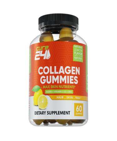 Cure24 Collagen Gummies with Zinc Vitamin C and Biotin Collagen Peptides Supplement Promotes Hair Nail Skin Bone and Joint Health Support Made in USA 60 Gummies