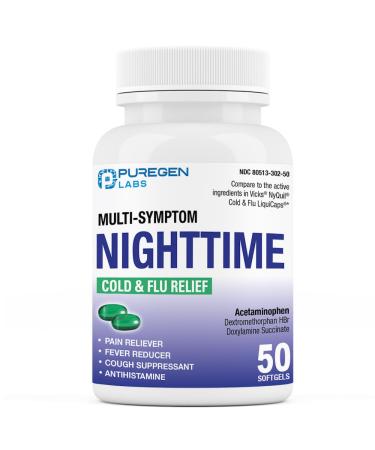 Puregen Labs Nighttime Cold and Flu Relief Medicine | 50 Softgel Liquid Capsules | Helps Relieve Sore Throat Cough Fever Headaches Runny Nose Congestion and Aches | Value Pack