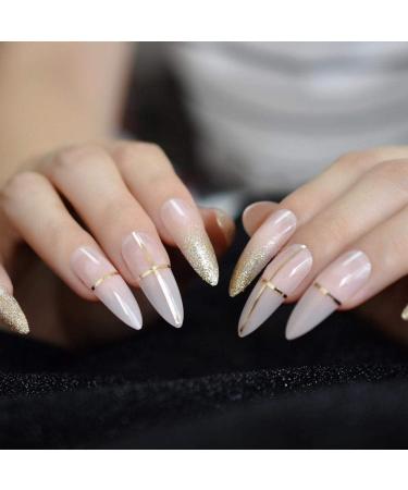 Buy Hujl Beige French Press On Nails Super Long Natural Sharp Design with Sequins & Golden Cross-Line - Buy Online on GoSupps.com
