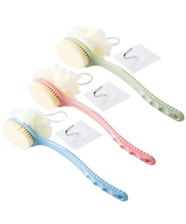 GEOOT Shower Body Brush with Bristles and Loofah Back Scrubber Bath Mesh Sponge with Curved Long Handle for Skin Exfoliating Bath(3Pack)