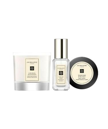 Jo Malone London Mellow & Spirited Mini Luxuries Trio - English Pear & Freesia Cologne - Wood Sage & Sea Salt Body Cream - Lime Basil & Mandarin Candle - Travel Size - Buy Online on GoSupps.com