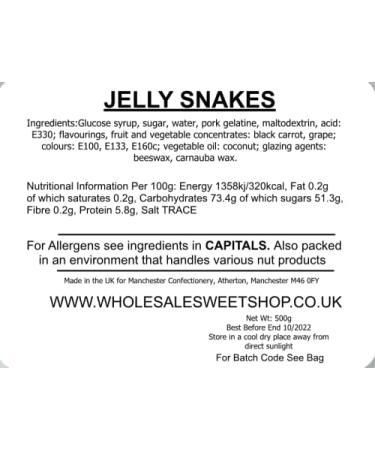 Ellies Jellies Jelly Snakes 500g Bag - Buy Online on GoSupps.com