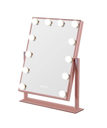 Fenair Large Makeup Mirror with Lights, Lighted Hollywood Vanity Mirror with 12 Dimmable Bulbs 3 Color Light Settings 360° Rotation Smart Touch Control Detachable 10X Magnifying Mirror(Rosegold) 12"x16" Rosegold