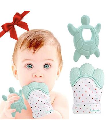 Liname 2 Pack Teething Mitten with Soothing Toy - Baby Chew Toy and Teething Glove- Infant Teething Mitten Crinkle Sound and Textured Silicone to Soothe Sore and Swollen Gums Blue