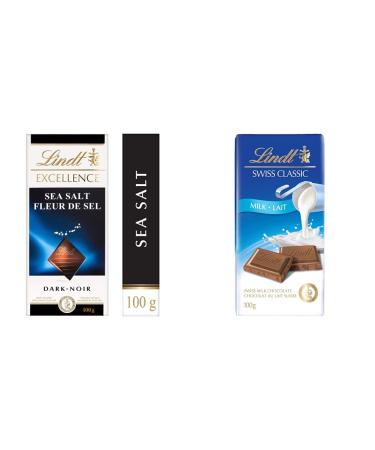 Lindt EXCELLENCE Sea Salt Dark Chocolate Bar 100 Grams & Swiss Classic Milk Chocolate Bar 100.0 g (Pack of 1) Chocolate Bar + Chocolate Bar
