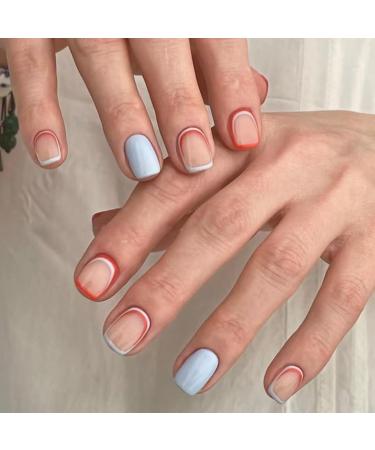 Mrcuvaryas Press on Nails Kurz Square Bunt French Fake Nails Full Cover Art Nails with Nail Glue Mandel Natural ColoURFUL Multiple Color Acrylic Artificial fingernails for women 24 pieces Multicolored Hollow