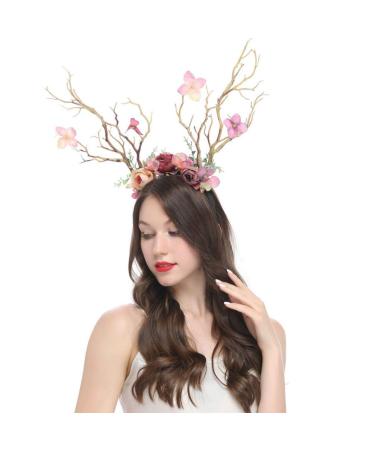 Lurrose Kids Antler Headband 1PC Deer Antler Flower Headband Christmas Branch Antlers Headband Forest Goddess Headdress for Party Cosplay Festival Photos Light coffee color
