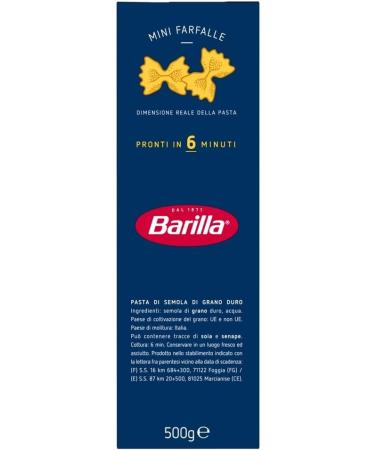 Barilla Piccolini Mini Farfalle small butterfly pasta for children and quick kitchen cooking time 6 minutes 100 durum wheat semolina ideal for sauces salads and soups 10 x 500 g + Italian Gourmet - Buy Online on GoSupps.com