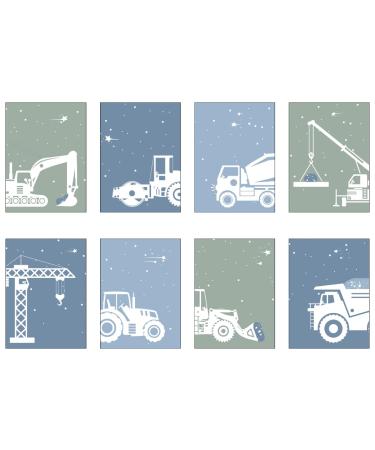 Waschilkind 8er poster set construction vehicles made of excavator street roller concrete mixer crane truck crane tractor excavator loader tilting truck |Picture children's baby boys' room in A4 |in blue green (without frame) A21 green blue light blue 8