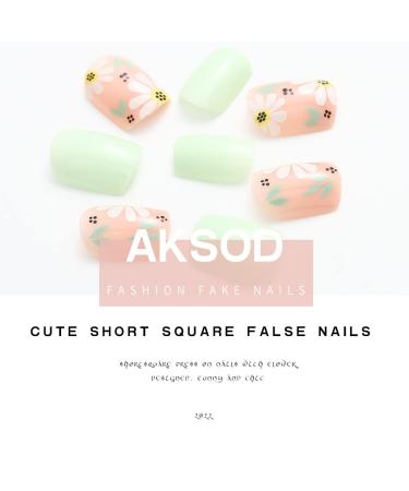 Aksod Green Flower Print Short Press on Nails - 24Pcs (Style A) - Buy Online on GoSupps.com