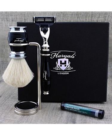 Mens Shaving Kit 3 Edge Razor With Pure White Badger Hair Shaving Brush Stand and Alum Pencil Perfect Set For Men