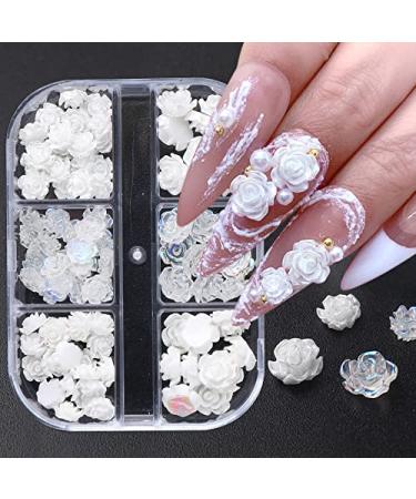 90Pcs White 3D Acrylic Flower Nail Charms 3D White Aurora Camellia Nail Art Jewelry Acrylic Resin Flowers Design Elegant Wedding Nail Charms for DIY Nail Decorations Accessories Rhinestone Decor