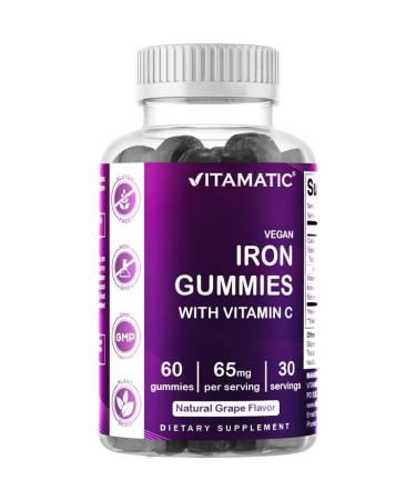 YHN Iron 65 mg Gummies Supplement for Women & Men - 60 Vegan Gummies - Great Tasting Iron Gummy Vitamins with Vitamin C
