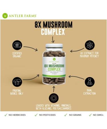 Antler Farms 100% Pure 8X Mushroom Complex - Organic Five Mushroom Blend - Lion's Mane, Reishi, Cordyceps, Chaga, Turkey Tail - Fruiting Bodies Only - Buy Online on GoSupps.com