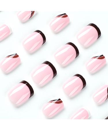24Pcs Short Square French False Nails Tips Glossy Wave Design - Brown Wave Stick on Nails for Women and Girls - Buy Online on GoSupps.com