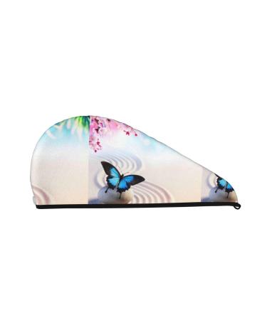 Hair Towel Wrap Hair Drying Towel with Button Towel Turban Head Towel to Dry Hair Quickly (Butterfly in Blossoms Zen)