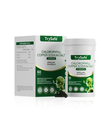 TrySafe 950MG Natural Chlorophyll Capsules with 600MG Chlorophyll Copper Sodium Salt 200MG Spirulina 150MG Chlorella - Detox & Digestion Support* Effective Body's Odor Control*