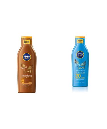 NIVEA Sun Tropical Bronze sun lotion LSF 6 (200 ml) for long-lasting tan without self-tan sunscreen with carotene extract and vitamin E & Sun Summer complexion Sonnen lotion LSF 20 (200 ml) bundle with sun lotion LSF 20