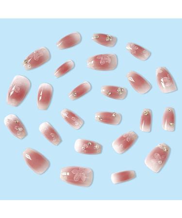 3D Rhinestone Press on Nails - Bling Glitter Pink Flower Fake Nails - Coffin Acrylic False Nails - 24pcs with Glue Sticker - Prom Women's Nails - Buy Online on GoSupps.com