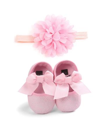MACHSWON Baby Girls First Walking Shoes Bow-Knot Mary Jane Flats Elastic Band Soft Cotton Anti-Slip Soft-Soled Princess Christening Shoes Infant Girls Outdoor Shoes with Headband 12-18 Months Pink