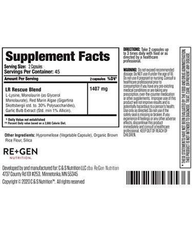 L Lysine Rescue Supplement - Immune Support with Monolaurin, Red Marine Algae & Allicin - 1400mg, 90 Capsules - Buy Online on GoSupps.com