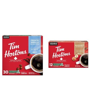Tim Hortons French Vanilla Coffee Keurig K-Cup Pods Flavoured Medium Roast 30 Count (Imported from Canada) & Hazelnut Flavoured Coffee Single Serve Keurig K-Cup Pods Medium Roast 12 Count