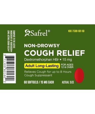 Safrel Adult Cough Relief Dextromethorphan HBr 15mg Softgels - 8-Hour Non-Drowsy Bronchial Suppressant (60ct) - Buy Online on GoSupps.com