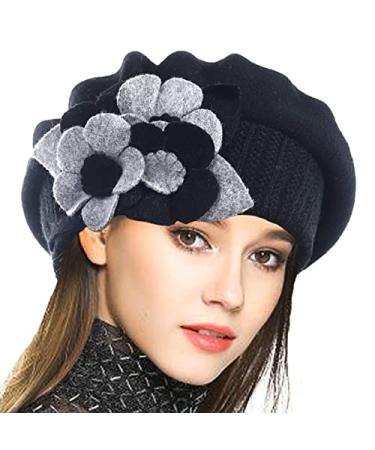 VECRY Lady French Beret 100% Wool Beret Floral Dress Beanie Winter Hat Floral-black