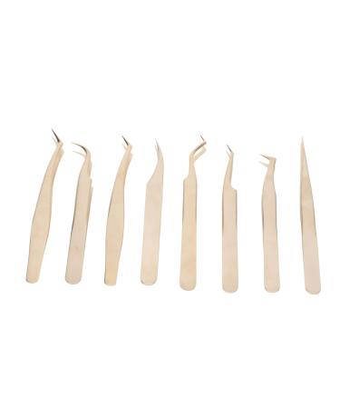 Eyeline tweezers Set 8-part eyelash extension tweezers tiny steel tweezers with a straight bent tip beauty eyelash tools (Pearly Gold)