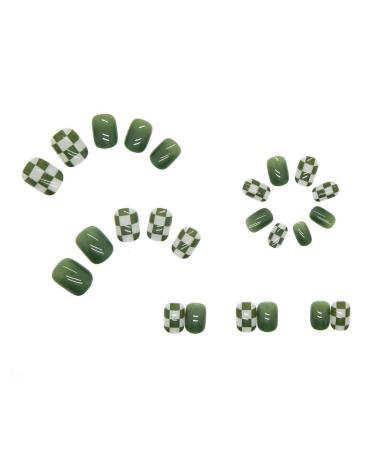 24 pieces removable artificial nails green grilles short artificial nails with designs loop flower sticker square nail tips green lattice