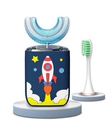 Kids Electric Toothbrush U Shaped Ultrasonic Automatic Brush with 2 Brush Head 6 Sonic Clean Modes IPX7 Waterproof Rocket Design Whole Mouth Rechargeable Smart Timer Toothbrushes for Children 2-6 Year Blue