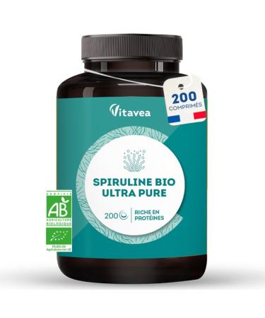 Organic Spirulina Ultra Pure 1500 mg - No Excipients Rich in Proteins Phycocyanin Iron Antioxidants - Immunity Fatigue - 200 Tablets - Vegan - Made in France Vitavea