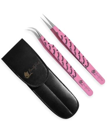BeautyPros eyelash extension set-stainless steel straight & curved tweezers-classic pointed tweezers for volume eyelash extensions-2 pieces-pink tweezers (eyelash pressure) eyelash print - Buy Online on GoSupps.com