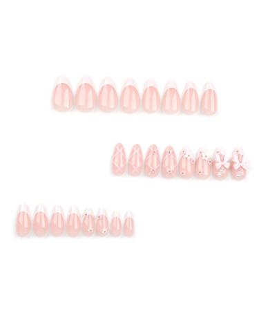 3D Pink Bow Press on Nails | Medium Almond Shape | 24 Pcs White French Tip False Nails with Flowers & Pearls | Full Cover Stick-On Acrylic Nails for Women - Buy Online on GoSupps.com