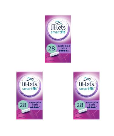 Lil-Lets Non-Applicator Super Plus Extra Tampons 28 Count (3 Pack) for Very Heavy Flow 5 Droplets Plant-Based SmartFit Non-App Tampon Size Super Plus Extra 28 Count (Pack of 3)